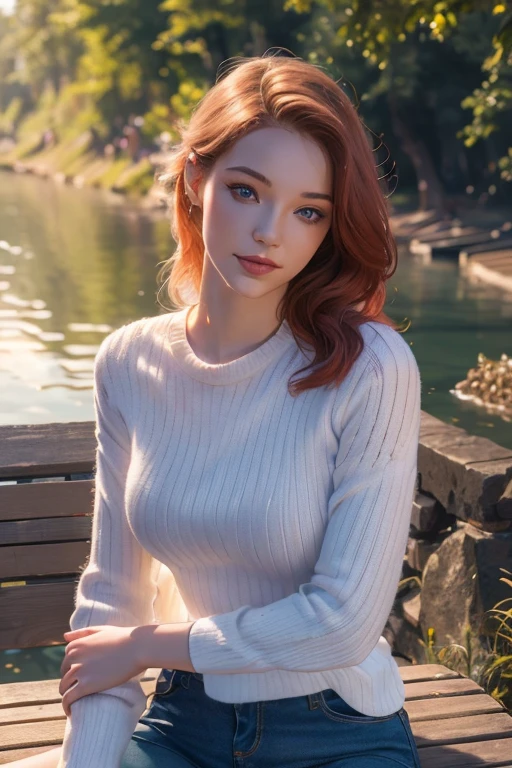 1 young woman with red hair, flowers, jeans, white shirt, serene smile, cute face, sitting on bench, river in background, golden hour, by Daniil Suponitskiy Jpegman, (best quality,4k,8k,highres,masterpiece:1.2),ultra-detailed,(realistic,photorealistic,photo-realistic:1.37),extremely detailed eyes and face,longeyelashes,beautiful detailed eyes,beautiful detailed lips,intricate,cinematic,dramatic lighting,vibrant colors,serene atmosphere,detailed environment,photorealistic digital art