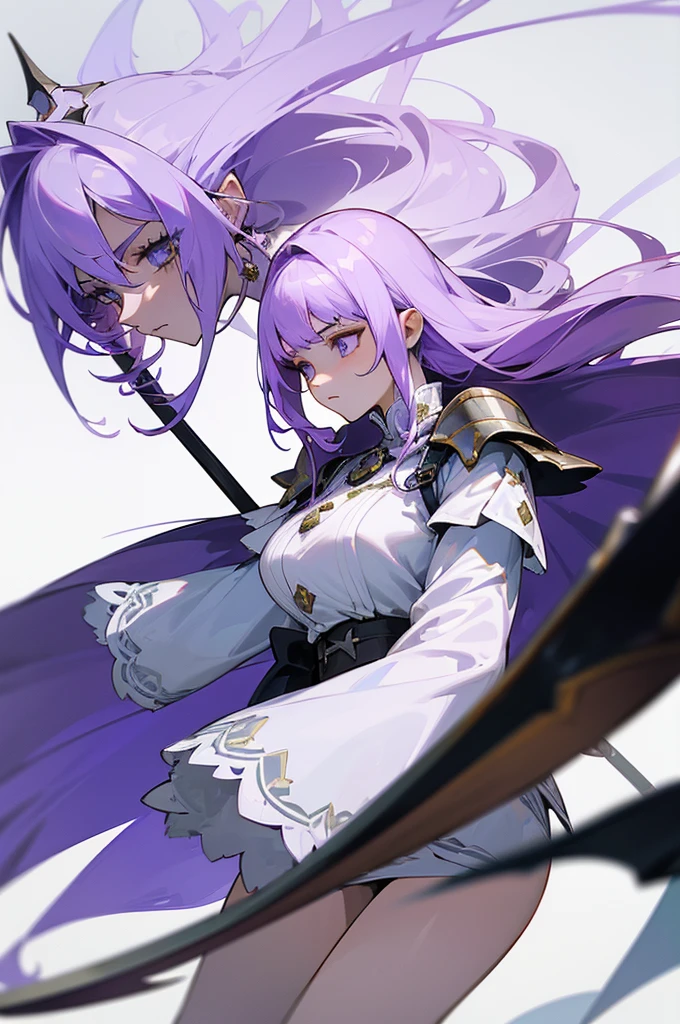 (Beautiful woman,Royal Knights),Light purple hair、Long Hair、Portrait of a noble knight,Speed Line,Combat Stance,Wield a huge weapon,Expressionless,Faint-hearted face、the below described,magma,Big Scythe、Stocky body、Shoulders out、White background、Fullbody、White clothes、Human ear、alone