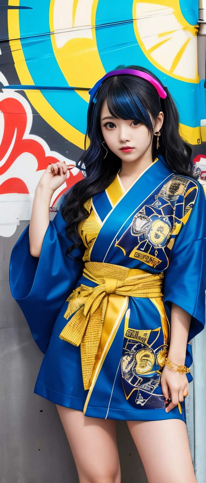 Cute and cool punk idol girl、whole body、Good style、、、、、、、、、、Thick legs、、Fluorescent blue and gold kimono dress(Fire Print)、Neat and clean idol face、Graffiti(Glowing)、Wavy Hair、