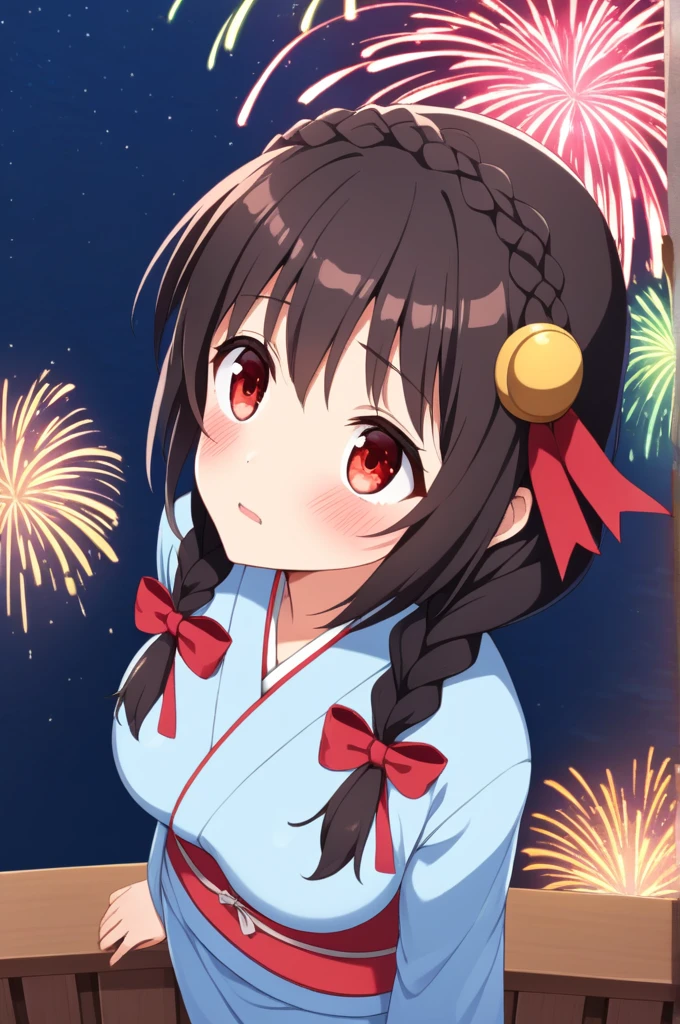 alone, One girl、Crown braids in the same color as your hair, hair ornaments, Hair Ribbon,(A light blue kimono with a red floral pattern and a red obi.)、Red Eyes、Black Hair、(Looking up with a nonchalant expression:1.4)、(blush:1.3)、Larger breasts、The background is a night river and fireworks、View from above