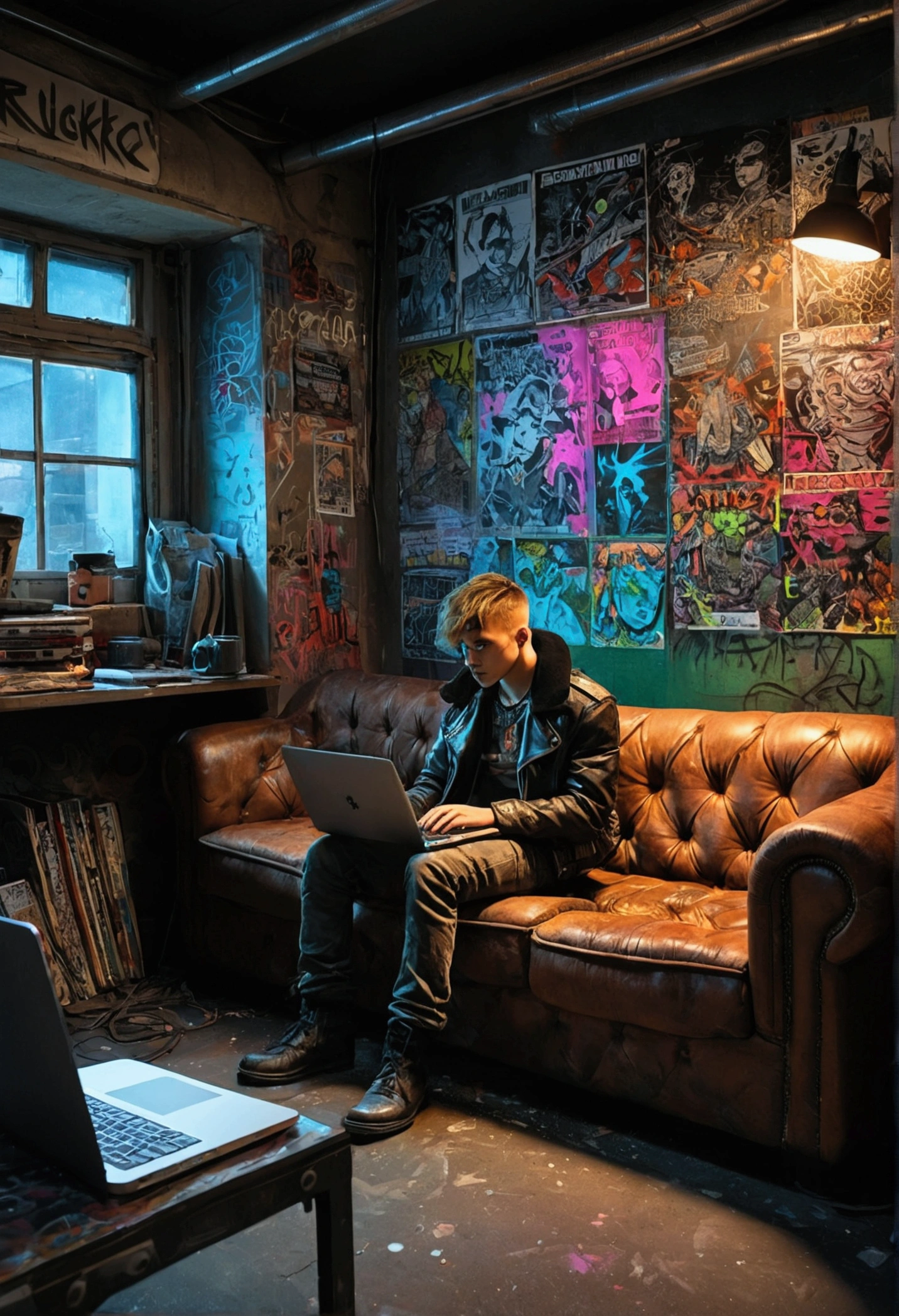 Graphic novel illustrations, Cyberpunk Basement, Cyberpunk era, dark and underground, Poor neon lighting. There is a worn-out leather sofa and table., Boy using laptop. Cyberpunk graffiti and punk band posters on the wall, Dystopian, illumination, In 5.2, Style reputation, 16 in:9, Broken glass effect, Unprecedented, amazing, Something that doesn't even exist, Great presence, energy, Molecular, Texturing, Iridescent colors and bright scales, Breathtaking beauty, Pure perfection, The existence of God, Unforgettable, impressive, Breathtaking beauty, Light Volumetric, With cleavage, light, Brightly colored reflections