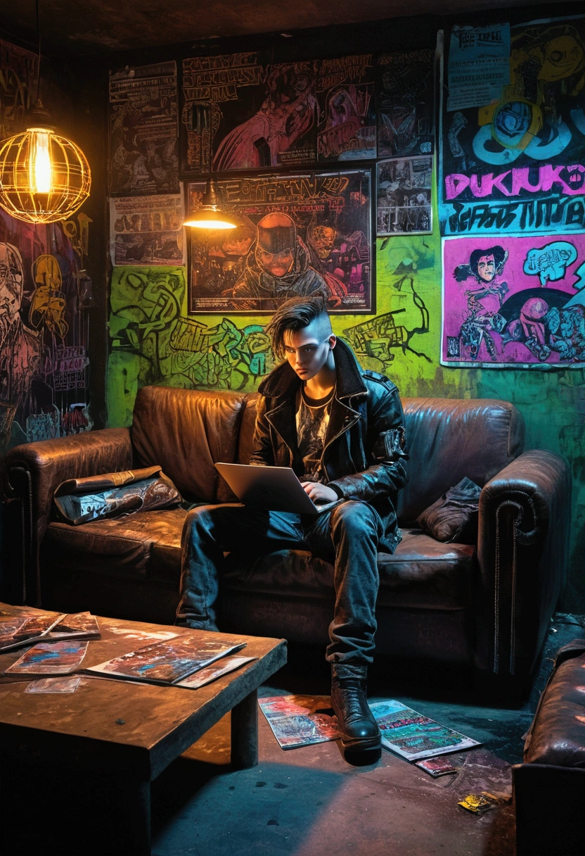 Graphic novel illustrations, Cyberpunk Basement, Cyberpunk era, dark and underground, Poor neon lighting. There is a worn-out leather sofa and table., Boy using laptop. Cyberpunk graffiti and punk band posters on the wall, Dystopian, illumination, In 5.2, Style reputation, 16 in:9, Broken glass effect, Unprecedented, amazing, Something that doesn't even exist, Great presence, energy, Molecular, Texturing, Iridescent colors and bright scales, Breathtaking beauty, Pure perfection, The existence of God, Unforgettable, impressive, Breathtaking beauty, Light Volumetric, With cleavage, light, Brightly colored reflections
