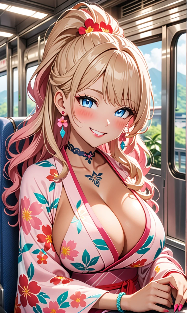 ultra-detailed, ((one girl)),  (tan skin:1.4), in pastel colors gyaru, (heavy makeup), (professional lighting) hyper detailed, absurdres, 8k, Beautiful Face, (Laugh shyly), ((teasing smile:1.6)), ((happy smile:1.5)),  ((Wink:1.6)), (Laugh with your mouth wide open),((Tilt your face:1.6)), View your viewers, ((Bright red cheeks:1.6)), Glossy shocking pink lips, ((huge breasts:1.6)),  ((undressing:1.2)), (Lifting her clothes and showing her nipples), ((Her tattoo peeked through her kimono)), noon, summer, on the train, Anime style background)),masterpiece, Highest quality, (Brighten your face), so beautiful,Latest, Complex details, ((fluorescent pink long nail:1.2)), (ring),((bracelet)), ((Floral choker)),AI-generated, Complex,High resolution, Highest quality, super high quality,3D Images、3D Images,One person, Blonde long hair ,(High Ponytail), (wavy hair:1.4), Anime woman posing for a photo, ((Fine grain、blue eyes、glowing eyes:1.3)), (Squint your eyes:1.1),a hyperRealistic , hyperRealistic , Realistic,Long blonde anime woman, Smooth anime CG art, A girl in a gorgeous pastel-colored kimono, ((Pastel-colored furisode)),(Pink large floral pattern),  (sideboob), Long flower hair ornament,Big earrings, Mature Body, tall,Narrow waist, (portrait),  (Sit in your seat), 