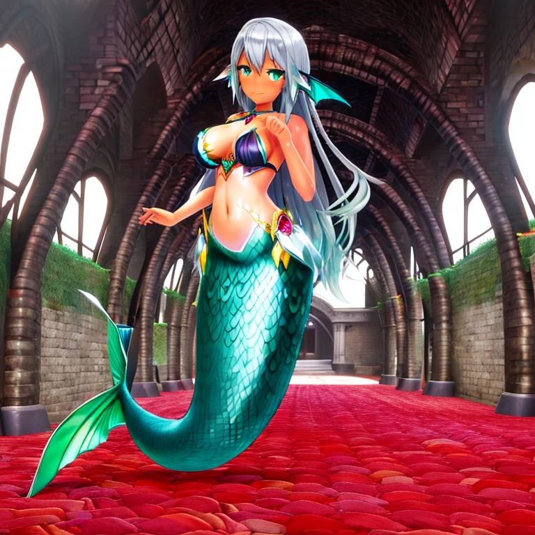 mermaid, mermaid tail below waistline, long green mermaid tail, MMD style, 1 girl, dark skin, solo, long hair, long silver hair, green eyes, smile, red blush, brown lips happy face, shiny brown skin, shiny hair, large breasts, cleavage, bra underwater sea, coral, fish,