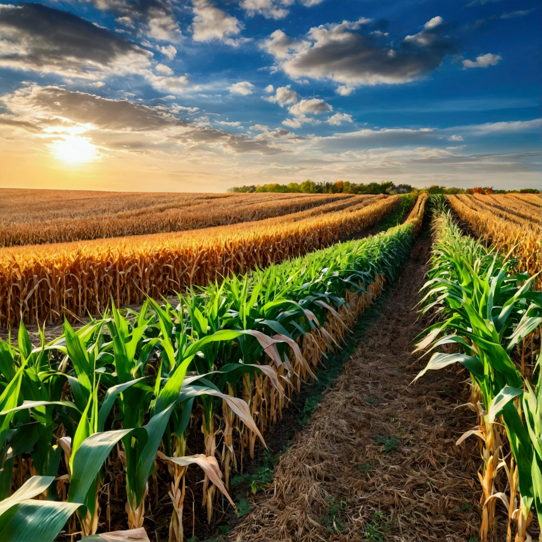 high resolution,HDR,Sharp focus,Extremely detailed,Practical,Cornfield,landscape,photoPractical,Bright colors,Natural Lighting,calm的,serene,farmland,harvest,autumn,windy,Quiet,Rolling Hills,Beautiful texture,Grassy,Golden corn stalks,Corn growing vigorously on the corn stalks，Blue sky,Fluffy clouds,Rustling Leaves,Magnificent sunrise,calm,Unspoiled nature,,abundant natural resources,Organic farming,sustainable agriculture,Lush greenery,The Gift of Land,fresh air，Totally true