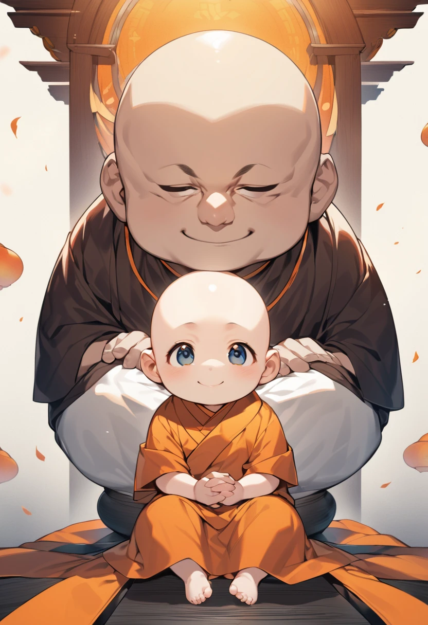 A 3-year-old bald monk,Wearing an orange monk's robe,Chubby little face,Big round eyes,A High Bridge of nose,With a smile,had his hands folded,sit with legs crossed。k hd intelligence