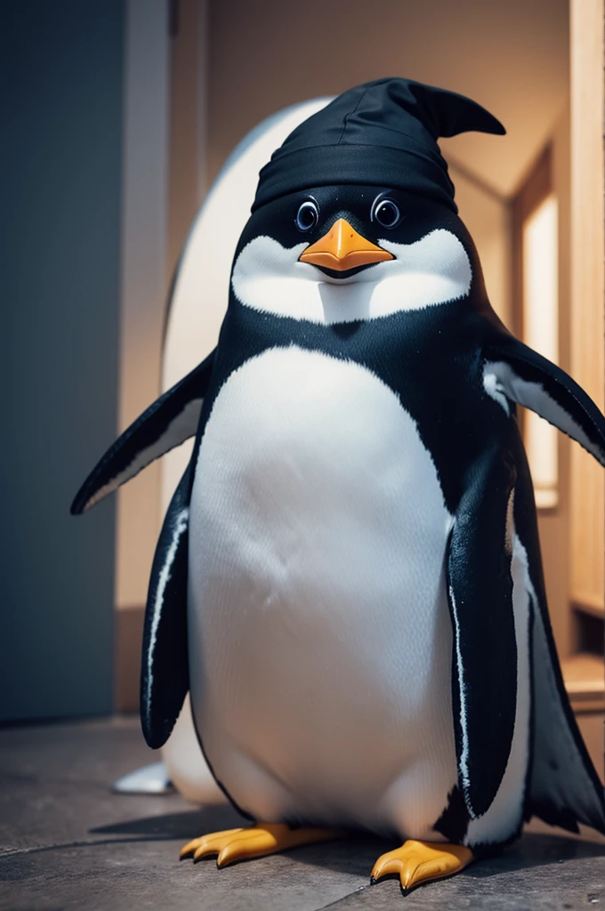 A Penguin in a wizard&#39;s outfit with a wizard&#39;s hat and a staff