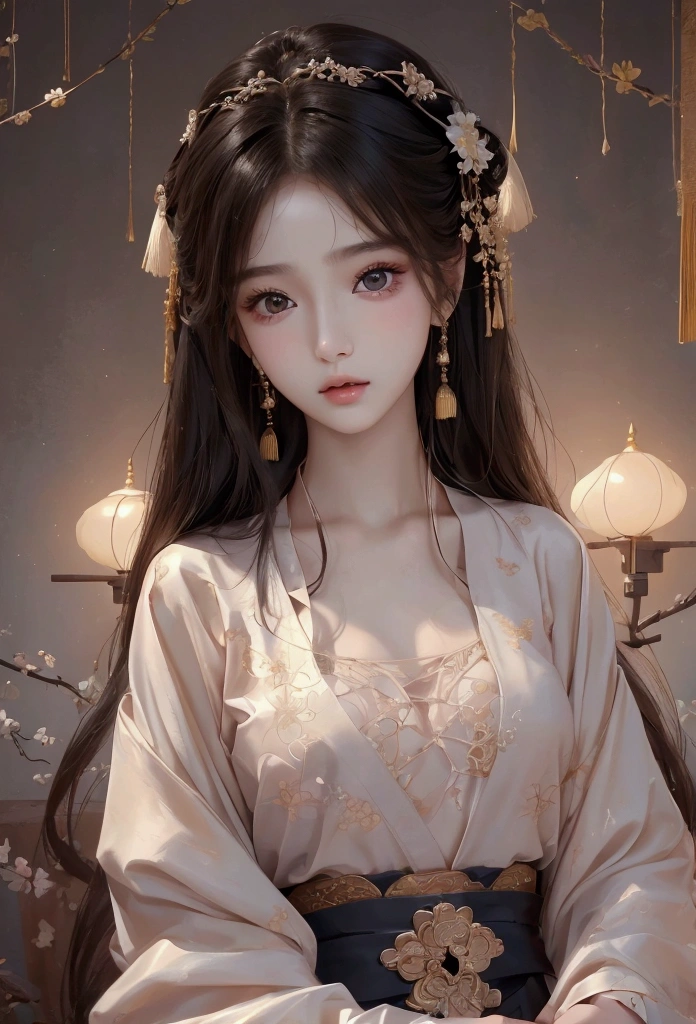 Best image quality、8k、masterpiece：1.3))、Realistic high-quality photos、Highest quality、 Beautiful face、Photos of slim models、Beautiful girl model、Young and pretty face、Beautiful model girl、A lovely and delicate face、Black Hair、Beautiful brown eyes、Young Body、Hanfu, (emphasize)、from the front、Camera gaze,、Anatomically correct、胸の谷間をemphasize、whole body、13-year-old female model