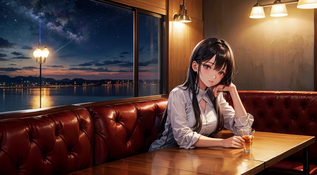 Girl with headphones enjoying music in a cafe I am studying Emphasize a little bit of the chest