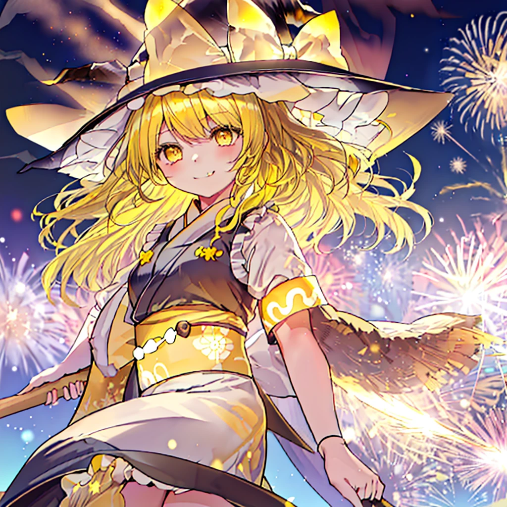 ((((Marisa Kirisame、Yellow Hair、Yellow Eyes))))　(((Witch Hat　Summer festival　kimono)))　((Fireworks　smile))　Shining Edge　Shining Background