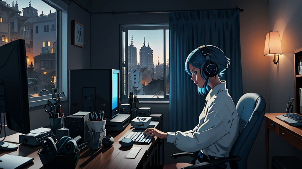 lofistudy, One girl, From the side, typing, blue head, blue eyes, Chair, computer, Headphones, indoor, keyboard_\(computer\), Laptop, monitor, computer, curtain, night, window, Milan background