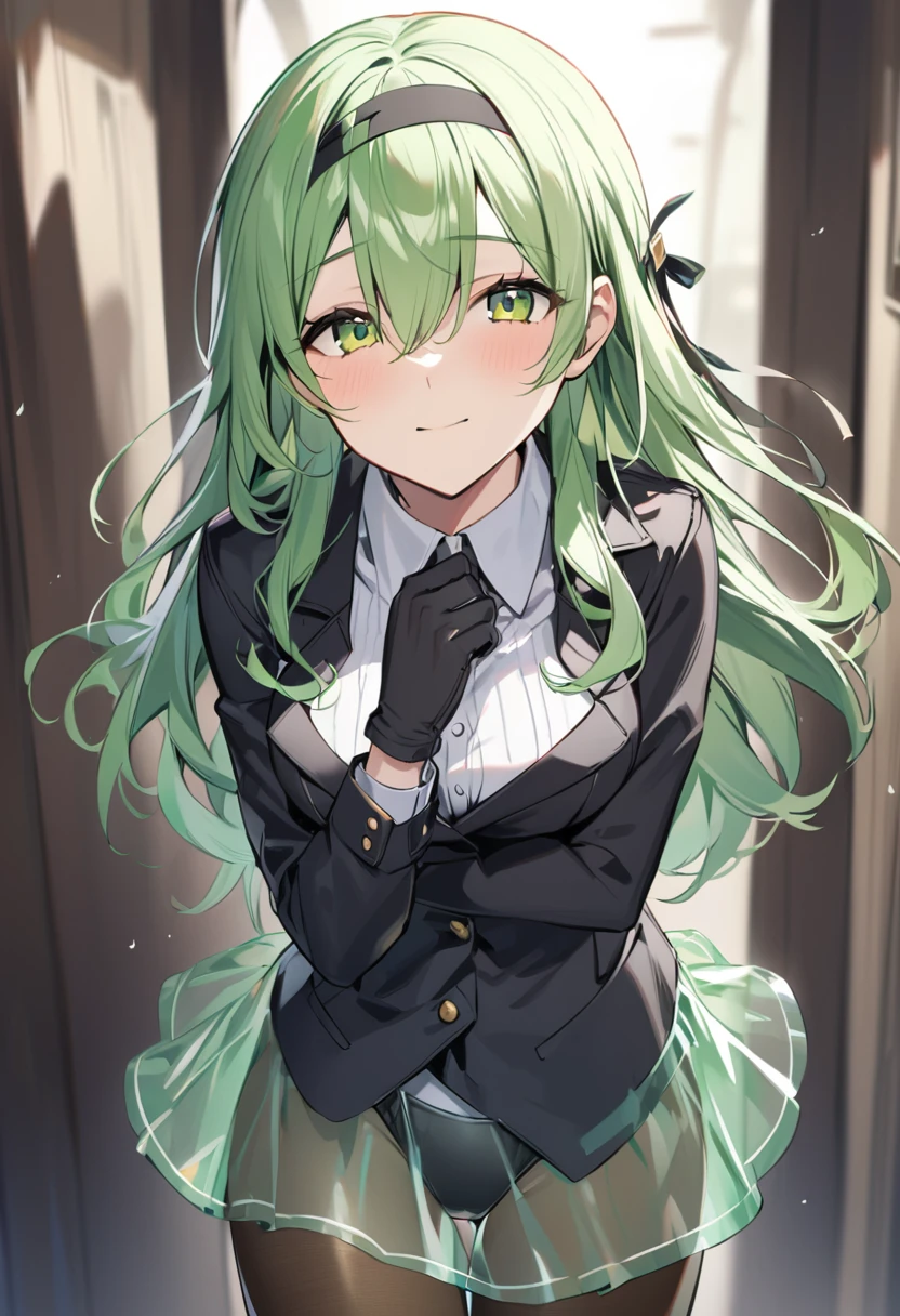 One girl, alone, Long Hair, chest, View your viewers, bangs, skirt, gloves, Long sleeve, ribbon, Hair between the eyes, Mouth closed, Green Eyes, hair ribbon, pantyhose, Cowboy Shot, hair band, , Green Hair, black gloves, see-through skirt, leotard, black leotard, brown pantyhose