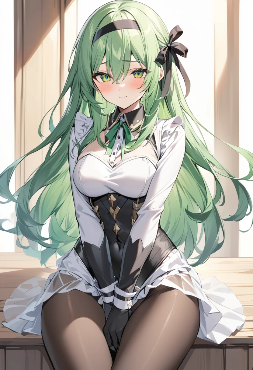 One girl, alone, Long Hair, chest, View your viewers, bangs, skirt, gloves, Long sleeve, ribbon, Hair between the eyes, Mouth closed, Green Eyes, hair ribbon, pantyhose, Cowboy Shot, hair band, , Green Hair, black gloves, see-through skirt, leotard, black leotard, brown pantyhose