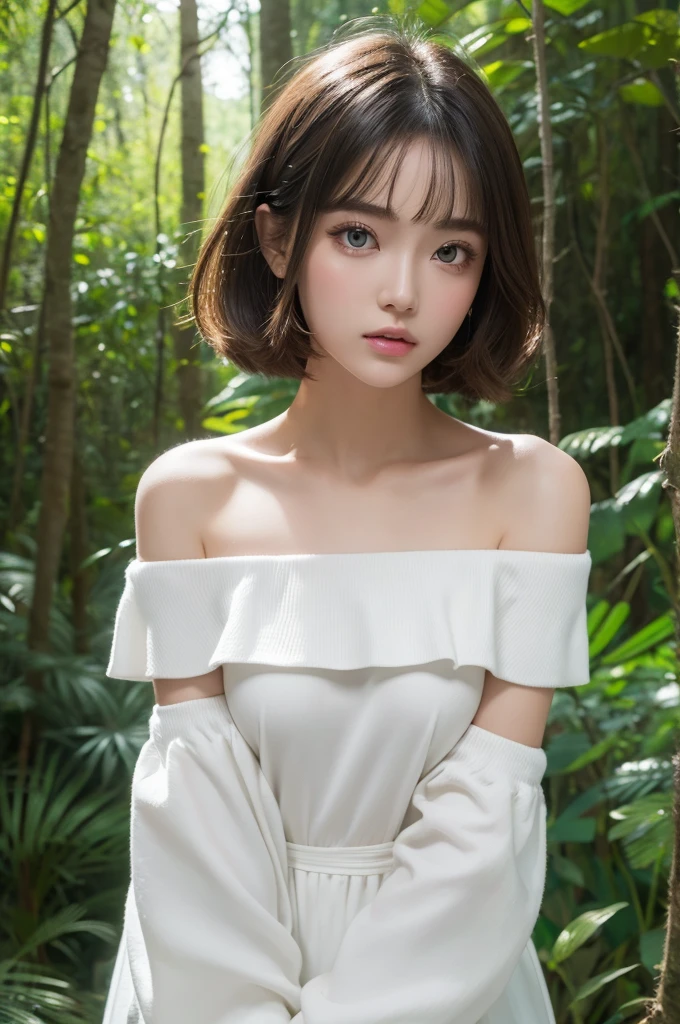 Masterpiece, best quality, Ultra high resolution, Fluorescent paint,, 1 girl, looking at the audience, Beautiful face, beautiful eyes, (off shoulder: 1.2), Look up, upper body, forest, shiny hair, Shiny skin, Glow cut, chibi, coordination of finger proportions