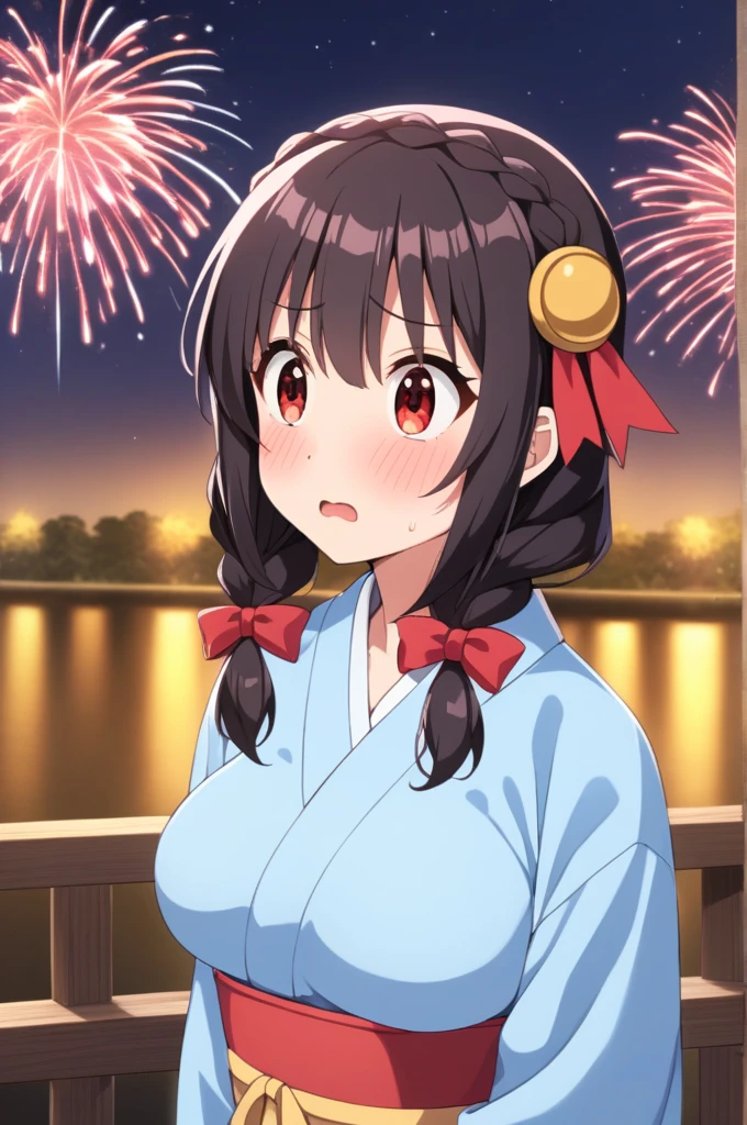 alone, One girl、Crown braids in the same color as your hair, hair ornaments, Hair Ribbon,(A light blue kimono with a red floral pattern and a red obi.)、Red Eyes、Black Hair、(Troubled and surprised expression:1.3)、(blush:1.3)、Larger breasts、The background is a night river and fireworks