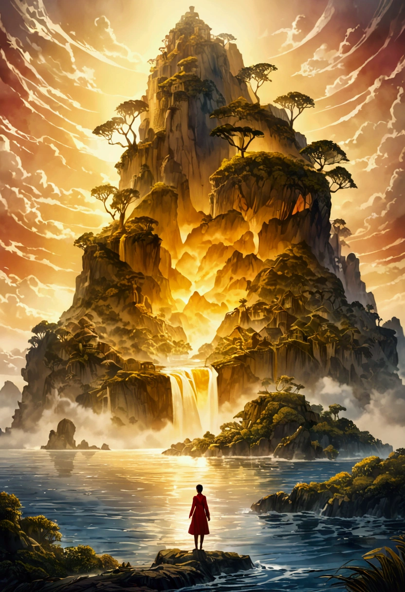 (Mysterious Island), reaching the critical point of yellow shown as red fractal shapes blending together, in Ethereal Watercolor style, with dreamy washes, award-winning, cinematic still, emotional, vignette, dynamic, vivid, (masterpiece, best quality, Professional, perfect composition, very aesthetic, absurdres, ultra-detailed, intricate details:1.3)