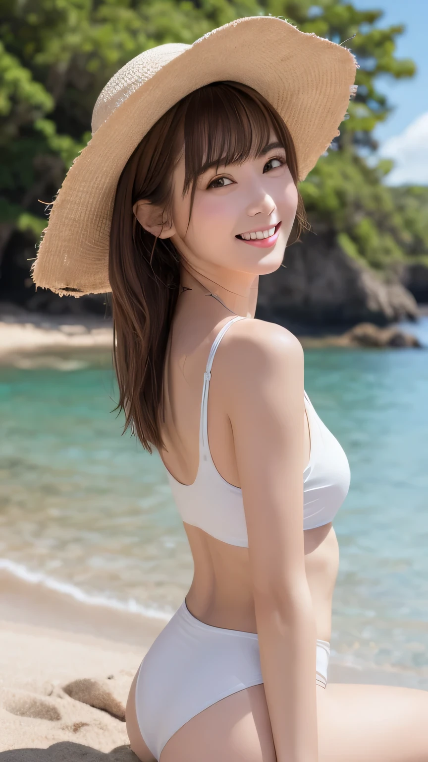 Beach, RAW photos, 8K, highest quality, super high resolution, beautiful face in detail, thin thighs, thin type, small breasts, small breasts, realistic human skin, gentle expression, front view, angle from below, realistic, photorealistic, Japan high school girl, cute swimsuit, T-back, potch, crotch spread wide, legs open, whole body visible, smile, 2 girls,