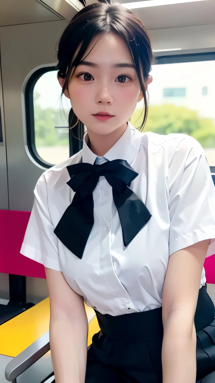 (masterpiece, Highest quality:1.2), 8k, 15 years, 85mm, Official Art, RAW Photos, Absurd, White dress shirt, Pretty face, close, Upper Body, violet, Gardenia, beautiful girl, , (Navy Pleated Skirt:1.1), Squeeze the waist, Thighs, Short sleeve, in the train, sit on bench seat, View your viewers, No makeup, (smile:0.4), Film Grain, chromatic aberration, Sharp focus, Face Light, Bright lighting, Teen, Detailed face, Bokeh Background, (Dark red tie:1.1)