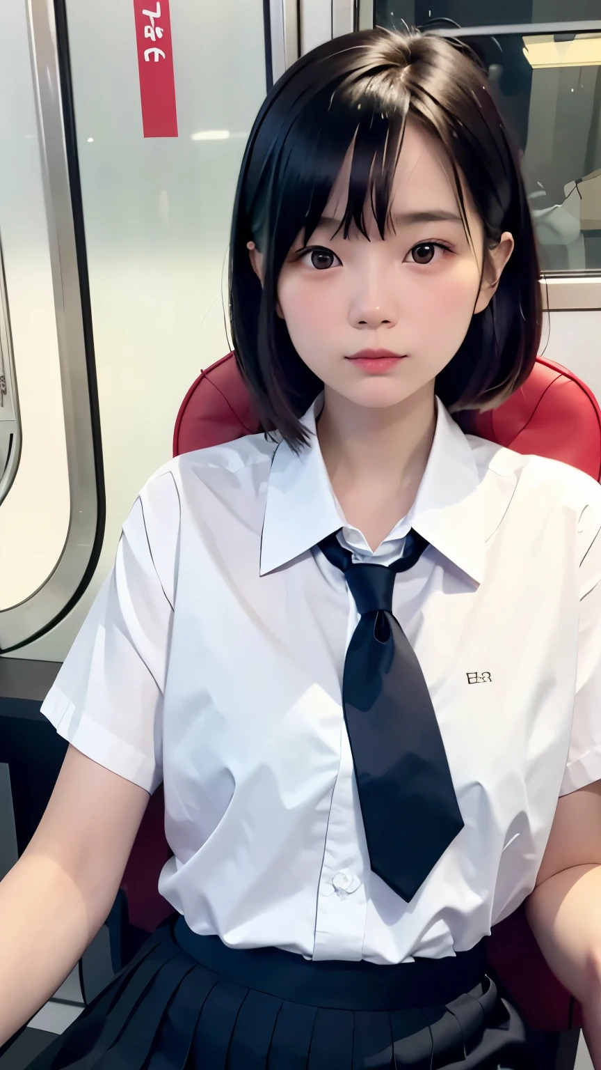 (masterpiece, Highest quality:1.2), 8k, 15 years, 85mm, Official Art, RAW Photos, Absurd, White dress shirt, Pretty face, close, Upper Body, violet, Gardenia, beautiful girl, , (Navy Pleated Skirt:1.1), Squeeze the waist, Thighs, Short sleeve, in the train, sit on bench seat, View your viewers, No makeup, (smile:0.4), Film Grain, chromatic aberration, Sharp focus, Face Light, Bright lighting, Teen, Detailed face, Bokeh Background, (Dark red tie:1.1)