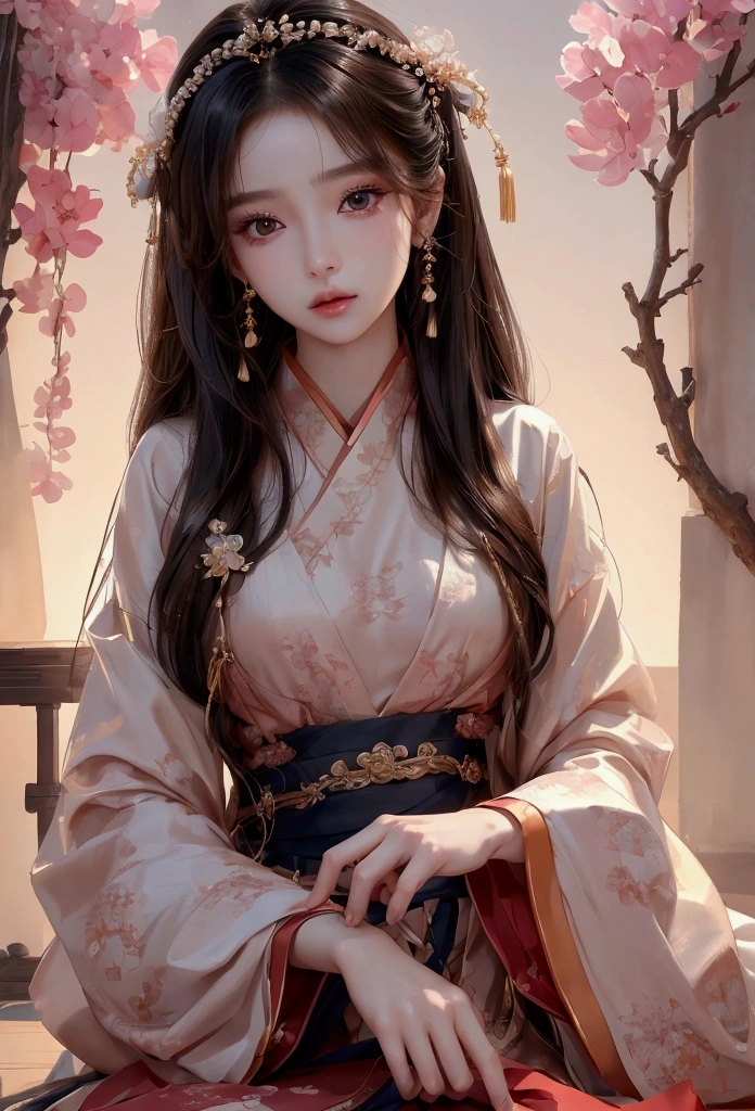 Best image quality、8k、masterpiece:1.3))、Realistic high-quality photos、Highest quality、 Beautiful face、Photos of slim models、Beautiful girl model、Young and pretty face、Beautiful model girl、A lovely and delicate face、Black Hair、Beautiful brown eyes、Young Body、Hanfu, (emphasize)、from the front、Camera gaze,、Anatomically correct、胸の谷間をemphasize、whole body、13-year-old female model