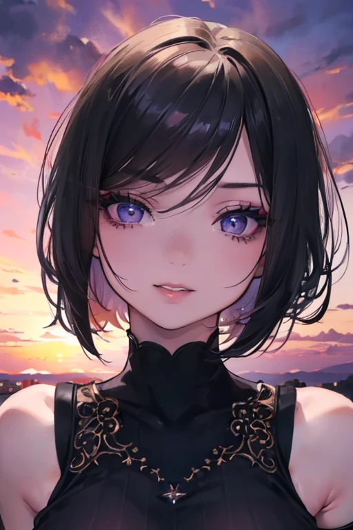 1girl, beautiful detailed eyes, beautiful detailed lips, extremely detailed face, long eyelashes, photoshoot model, captivating smile, mesmerizing gaze, gorgeous lighting, best quality, masterpiece, extremely detailed, hyper-realistic, black hair, short tank top, short shorts, thigh high socks, medium bust, fair skin, (dramatic sunset background:1.4)