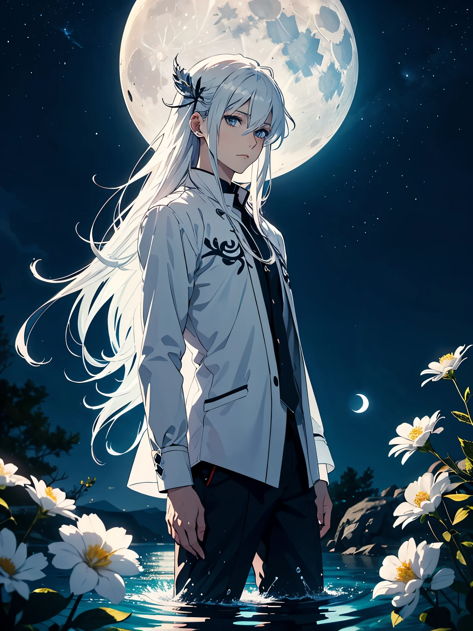 Mit Rock. Im Kleid. Blut. Engel. Viele weoße vögel. More anime. light blue light. Bright bright light. magical. Moon. White flowers. male. Long hair. long white hair. aquatic, boy, God of the Moon, silver hair accessories, White hair.