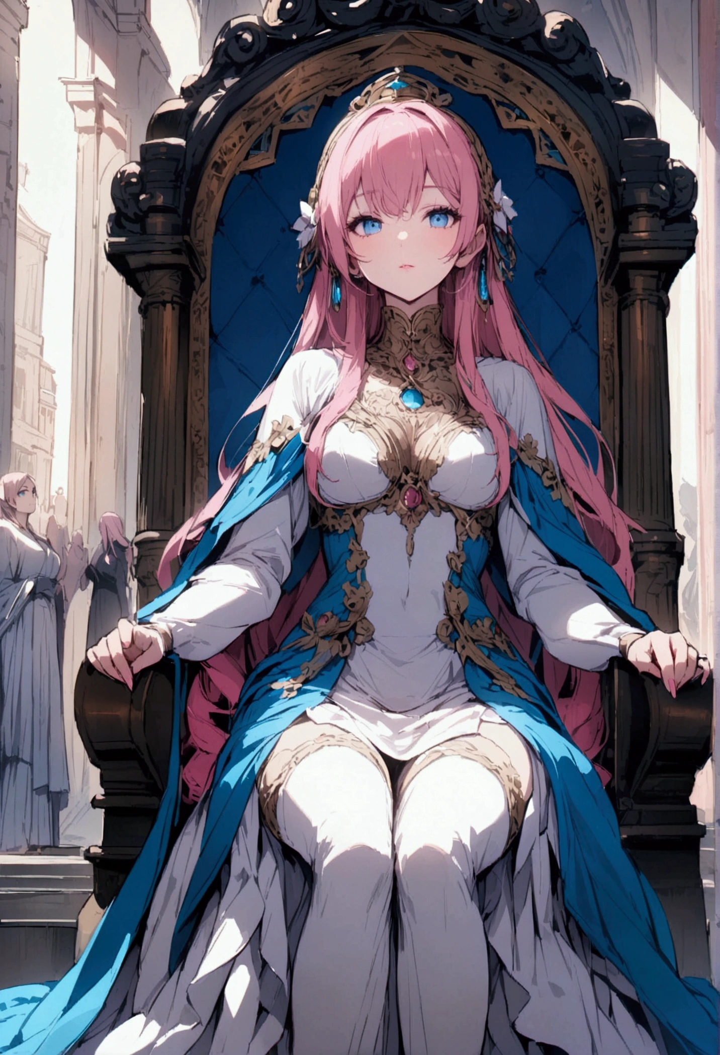 1 confident woman with floor-length pink hair, huge and big breasts, Futuristic royal costume in white with black and gold details, tall woman, blue detailed eyes, sitting on throne of skulls , judgmental look, golden metal skulls, sovereign pose, cyberpunk queen