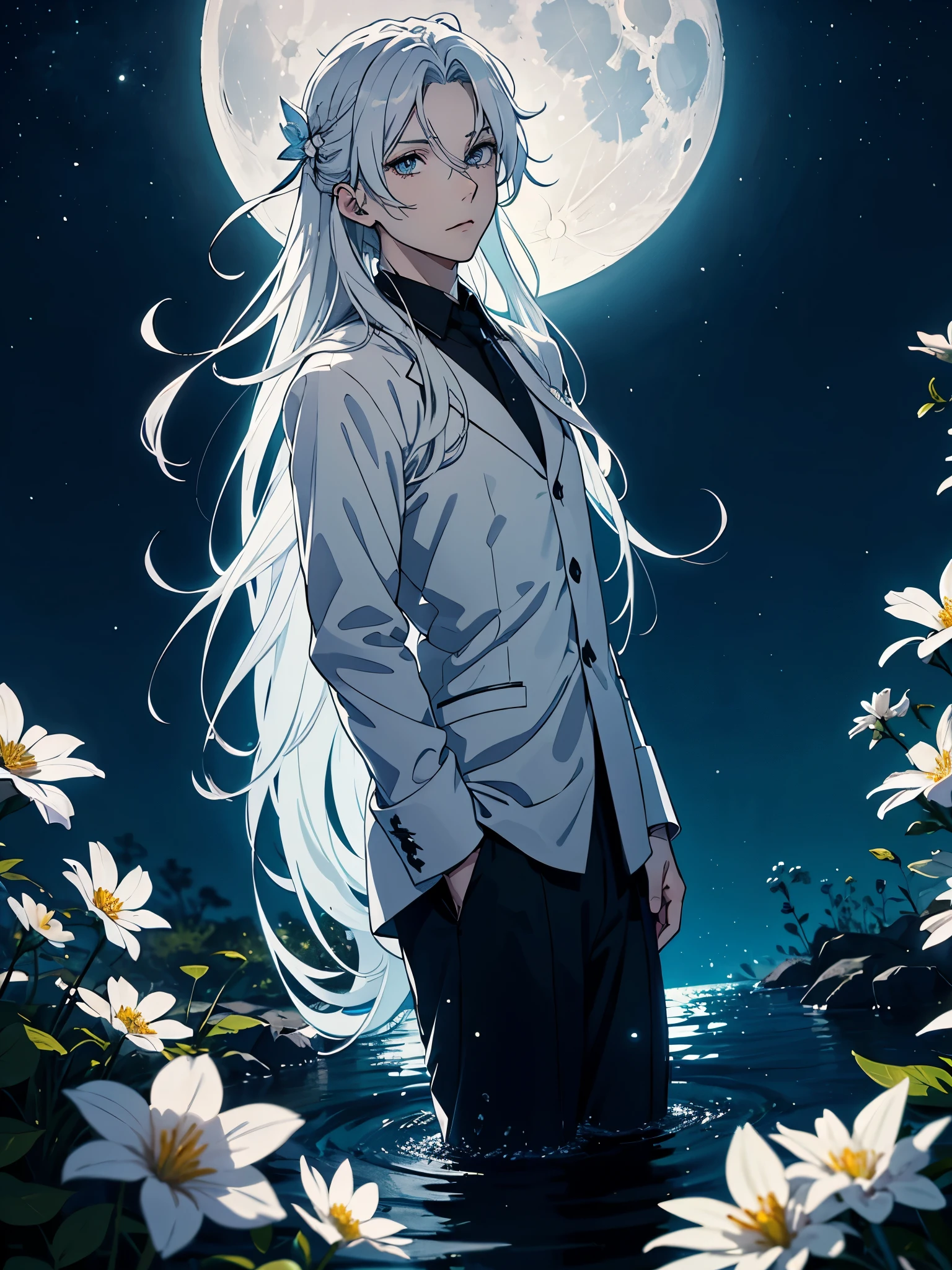 Mit Rock. Im Kleid. Blut. Engel. Viele weoße vögel. More anime. light blue light. Bright bright light. magical. Moon. White flowers. male. Long hair. long white hair. aquatic, boy, God of the Moon, silver hair accessories, White hair.