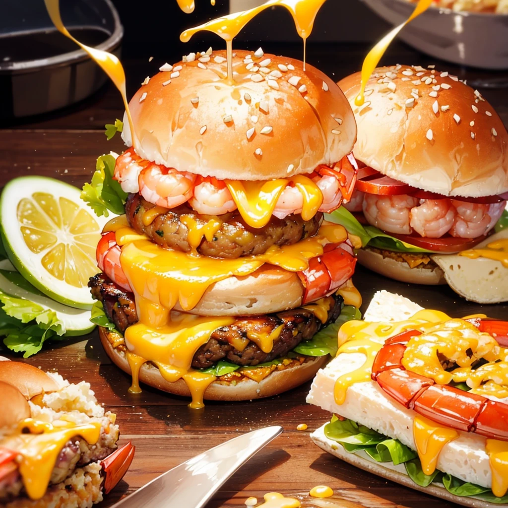 (shrimp fileo burger,melted cheese drippingglossy cheese, very tasty