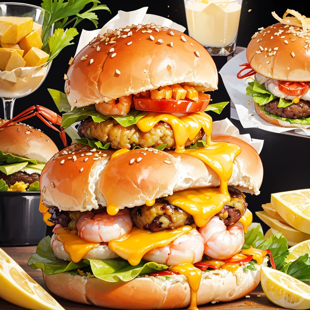 (shrimp fileo burger,melted cheese drippingglossy cheese, very tasty