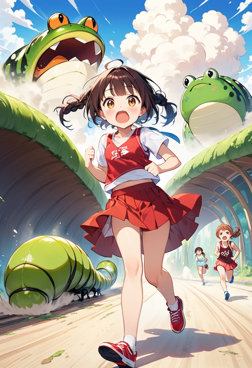 Highest quality、High resolution、Detailed Background、(Beautiful face in every detail:1.4)、Anatomically correct、(Detailed facial expressions)、(fine grain:1.2)、 Beauty、Cute hair color、Braided Ponytail、Braided bob cut、Braided twin tails、Lower g top、Vneck、mini skirt、Cute Shoes)、Perfect body line、The caterpillar is frightened and runs away desperately.:1.5、(Run away quickly!!:1.5, Run faster!!:1.5, Frog cheers:1.5), I have tears in my eyes、An expression that looks like it's about to cry、(A giant caterpillar is seen behind:1.5, They chase after me ferociously, raising a cloud of dust.:1.5)、Photographed from the front