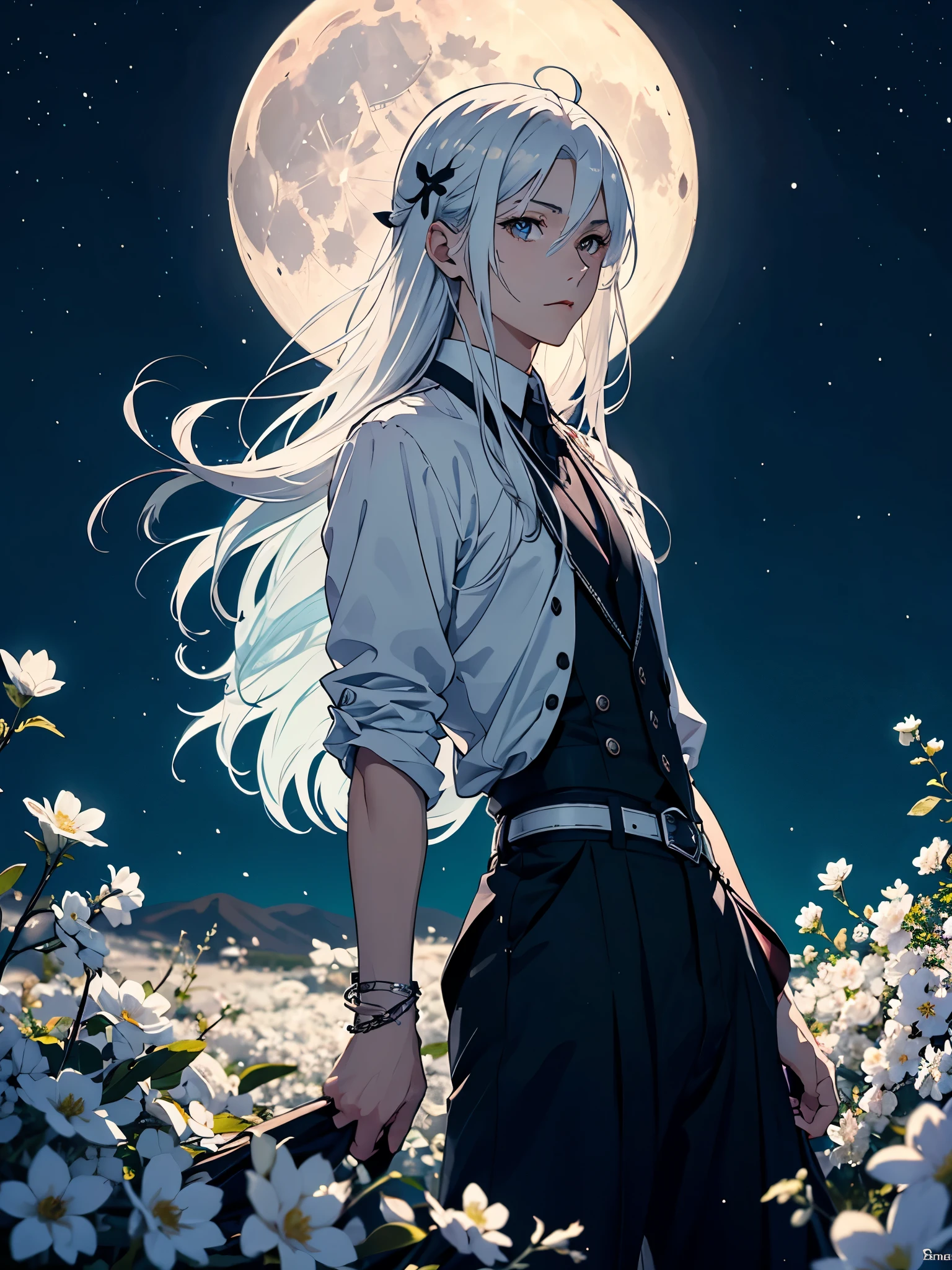 Mit Rock. Im Kleid. Blut. Engel. Viele weoße vögel. More anime. light blue light. Bright bright light. magical. Moon. White flowers. male. Long hair. long white hair. aquatic, boy, God of the Moon, silver hair accessories, White hair.