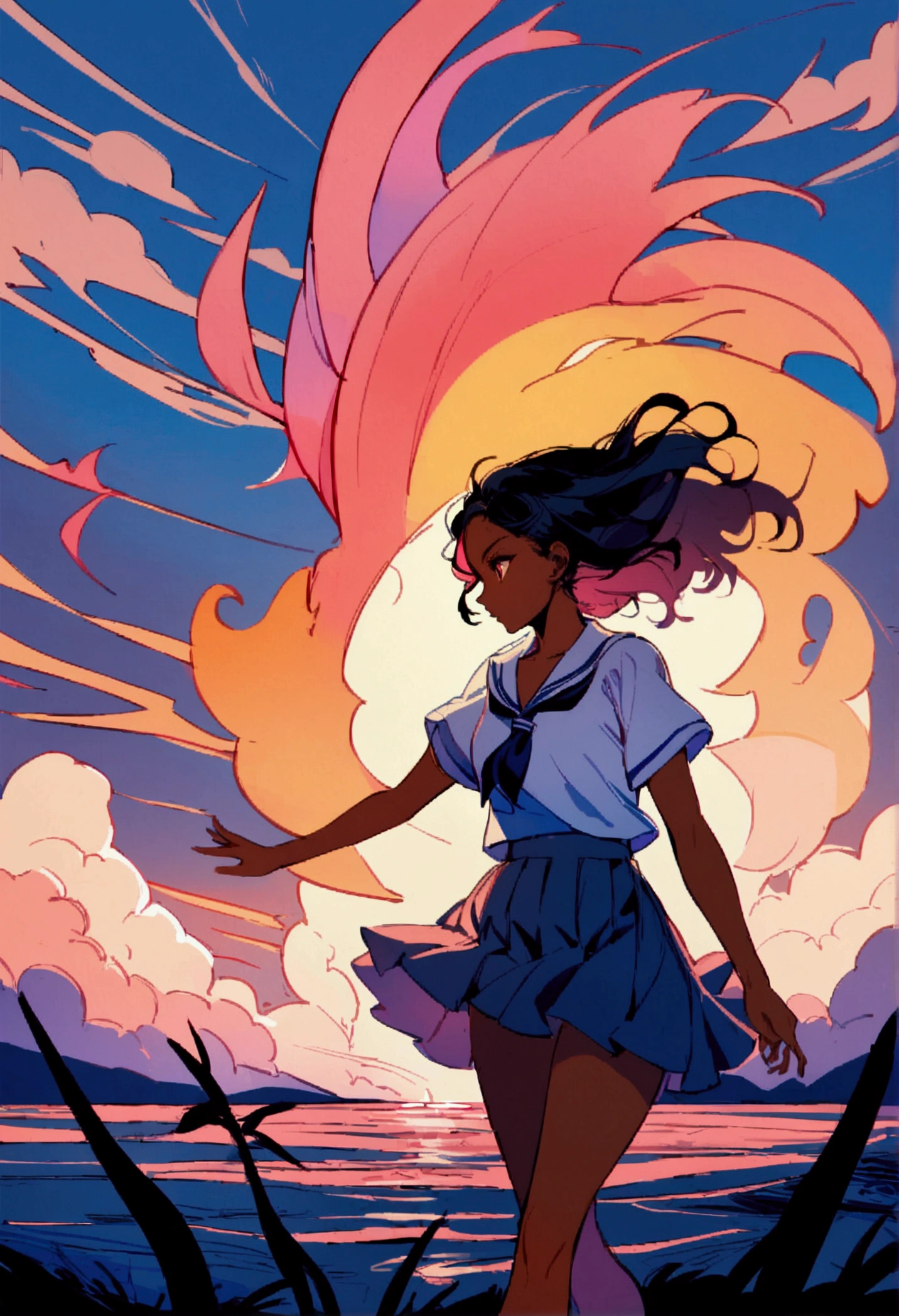 1 girl, (dark skinned:1.2), school girl, beach background