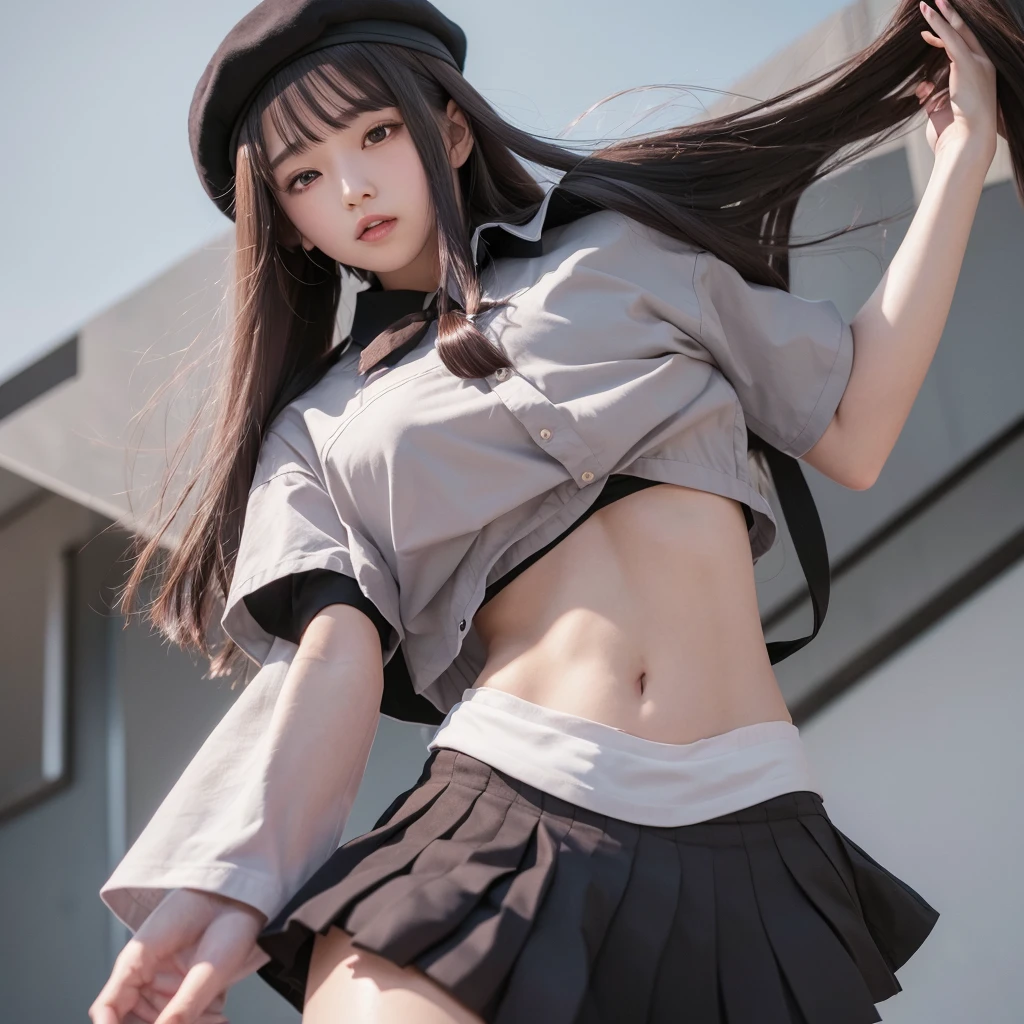 a woman with long hair and a hat holding a shirt, open mouth, bangs, skirt, brown hair, bow, navel, blue hair, white shirt, short sleeves, multicolored hair, pleated skirt, collared shirt, black skirt, stomach, clothes lift, hair over one eye, two-tone hair, grey eyes, hands up, black shirt, black headwear, beret, shirt lift, drill hair, lifted by self, lace trim