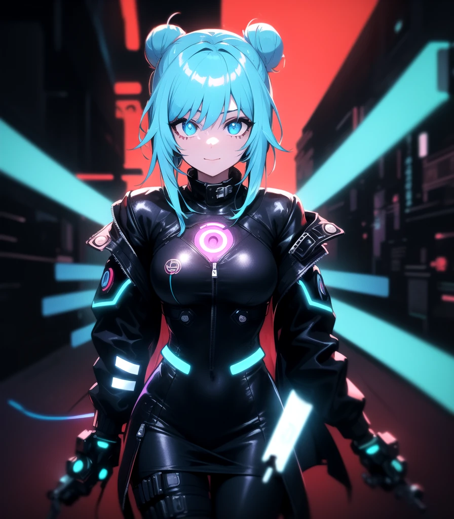 (1girl),
(female focus),

(masterpiece, best quality, highres:1.2),(illustration:1.1),(cyberpunk:1.2),

(hair bun:1.2), light blue hair,blue eyes,(black cyberpunk jacket:1.5),(puffy sleeves:1.2), (black turtleneck:1.2), (black skirt), (white skin),beautiful eyes,
light smile,closed mouth,(walking),looking at viewer, piece sign,

(angle various),(dynamic lighting),(cowboy shot),
(neon light:1.5),(lightline:1.5),(red background:1.0),(high contrast:1.1),8k wallpaper,(blurry background),
