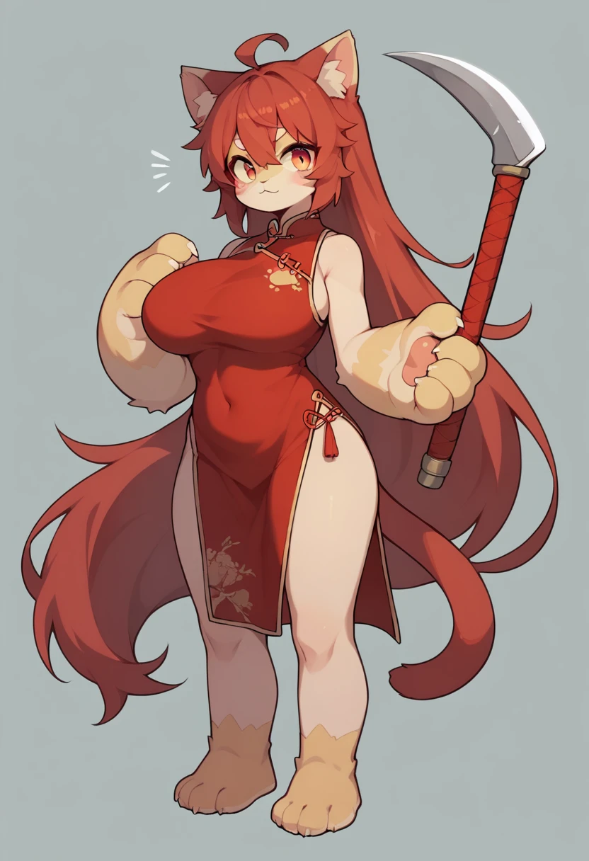 Cat Girl,cheongsam,Larger breasts,Very long hair,The tail is very big and long,Cat ear,hairy,Red Hair,Cute appearance,A sickle and hammer hung around his neck.Big Paws,Standing posture.thigh,Red hair,Solid color background