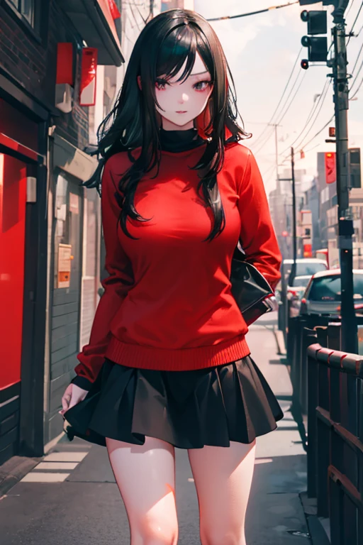 a beautiful young woman with long,flowing black hair standing in a city street, her arms behind her back, wearing a long black skirt and a red coat, with highly detailed and realistic facial features, masterpiece, 8k, photorealistic, professional, vivid colors, sharp focus, physically-based rendering, extremely detailed description