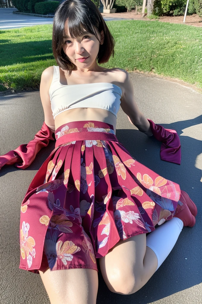 ((Masterpiece)), ((Best Quality)), A middle-aged short-hair woman, ((She spreads legs)), ((from below)), ((She is wearing cute objects pattern print satin panties)), topless, She is wearing gloves on her hands, She is wearing boots, in a park, she is wearing a skirt