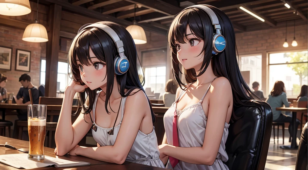 Girl with headphones enjoying music in a cafe　I am studying　Emphasize a little bit of the chest