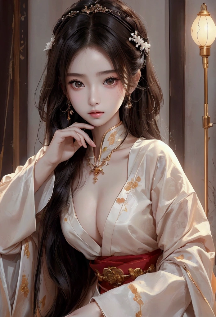 Best image quality、8k、masterpiece:1.3))、Realistic high-quality photos、Highest quality、 Beautiful face、Photos of slim models、Beautiful girl model、Young and pretty face、Beautiful model girl、A lovely and delicate face、Black Hair、Beautiful brown eyes、Young Body、Hanfu, (emphasize)、from the front、Camera gaze,、Anatomically correct、胸の谷間をemphasize、whole body、13-year-old female model