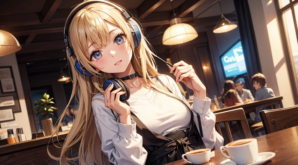 Girl with headphones enjoying music in a cafe I am studying Emphasize a little bit of the chest