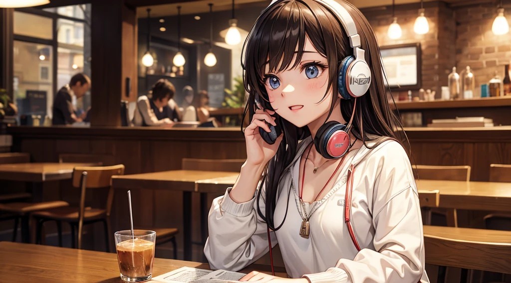Girl with headphones enjoying music in a cafe I am studying Emphasize a little bit of the chest