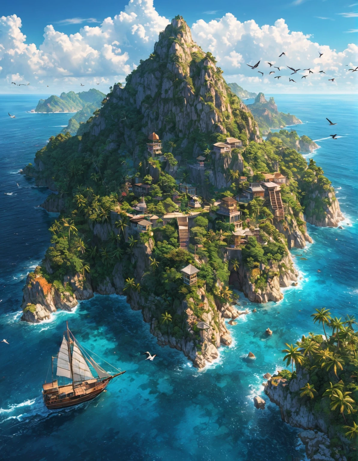 (Bird&#39;s eye view:1.5)，An ancient treasure map，Horizon leading to an exotic island。The island is covered with lush tropical vegetation、Mysterious ancient buildings and a towering mountain。This is an obvious destination for daring explorers。The sky is dotted with birds，There&#39;s a sense of adventure in the air，The boundless blue sea is inhabited by various marine creatures.。A wooden boat with an elegant sail awaits in the nearby bay.，Prepare to start a cross-sea journey。