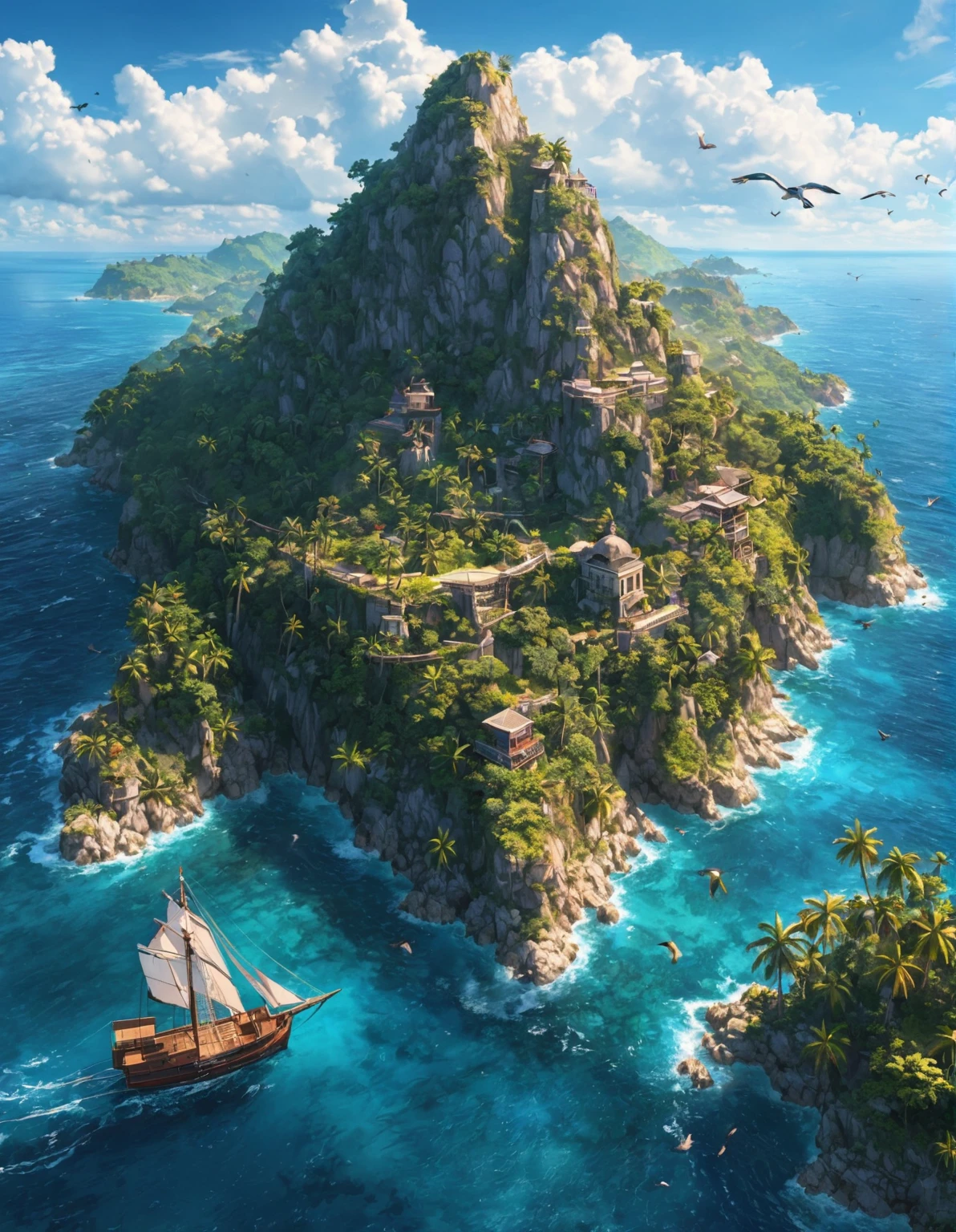 (Bird&#39;s eye view:1.5)，An ancient treasure map，Horizon leading to an exotic island。The island is covered with lush tropical vegetation、Mysterious ancient buildings and a towering mountain。This is an obvious destination for daring explorers。The sky is dotted with birds，There&#39;s a sense of adventure in the air，The boundless blue sea is inhabited by various marine creatures.。A wooden boat with an elegant sail awaits in the nearby bay.，Prepare to start a cross-sea journey。