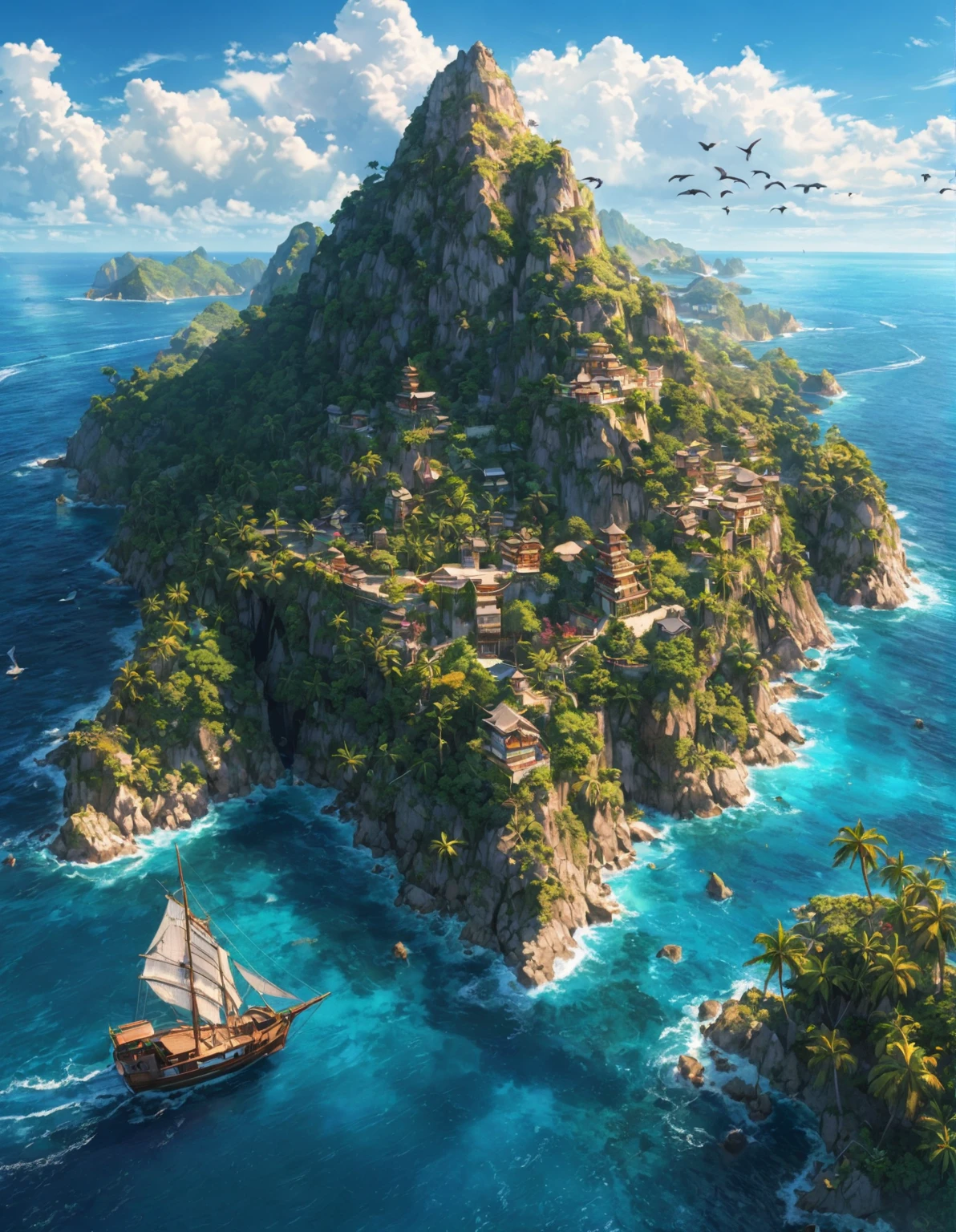 (Bird&#39;s eye view:1.5)，An ancient treasure map，Horizon leading to an exotic island。The island is covered with lush tropical vegetation、Mysterious ancient buildings and a towering mountain。This is an obvious destination for daring explorers。The sky is dotted with birds，There&#39;s a sense of adventure in the air，The boundless blue sea is inhabited by various marine creatures.。A wooden boat with an elegant sail awaits in the nearby bay.，Prepare to start a cross-sea journey。