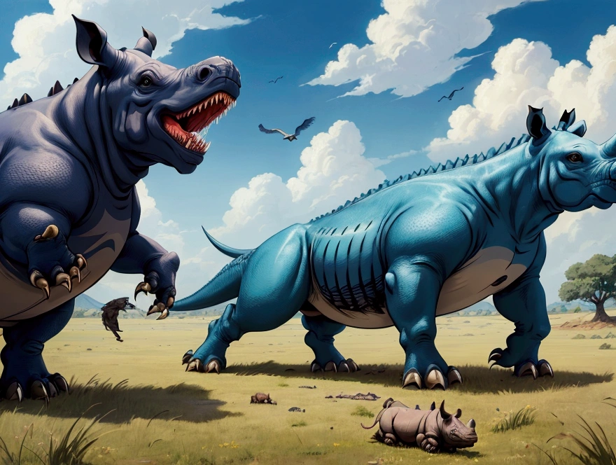 (illustration, best quality, masterpiece, official art:1.1) anime style, a creature with combination of rhino and t-rex, the legs are look like t-rex, grass floor, birds in sky, blue sky, landscape, focus and zoom on rhino