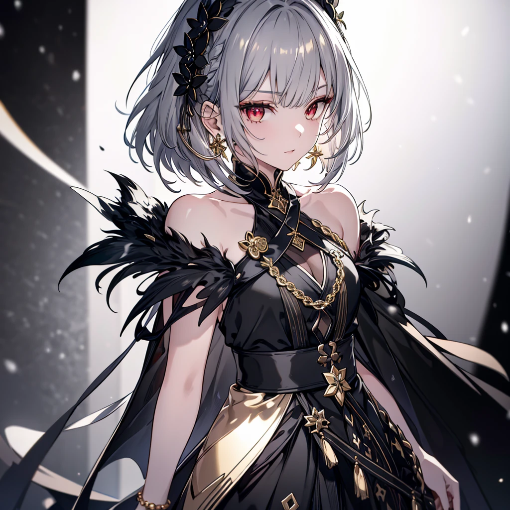 8k,High resolution RAW color art,Anime Art,Silver Marble Skin, (((Very detailed and cool))), Detailed skin, Bokeh、texture,(Exquisitely crafted, The finer details, Ultra-detailed art), (((1 girl))), Depth of written boundary, Silky Touch, Hyper Detail, (((Cool face))), eye shadow、Armed women, Beautiful detailed red eyes, Beautiful lip detail, Highly detailed face, Delicate depiction of hair and eyes, Detailed Fashion, Golden Earrings,Full body depiction, Black half top、(((Shoulder Bare)))、Black shorts、Waist Cloak、black tights、Golden decoration, Grey Hair, Golden bracelet, Straight Hair、Short Hair、(((Hair)))、Simple Background、(((Black theme)))、snow、Side view、Crouch、look up、cloth、cool、Cold