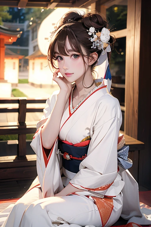 (Official Art、Highest quality、Unity 8k wallpaper、masterpiece、Ultra-high resolution)、Slender、Ample breasts、Highly detailed background、Beautiful girl in yukata、(Highly detailed face and eyes、Beautiful Face、Beautiful Eyes、Beautiful nose、Pretty lips)、Intimate Relationships、A friendly gaze、Japanese garden、Cowboy Shot、Sitting on the porch、moonlight、Autumn scenery、