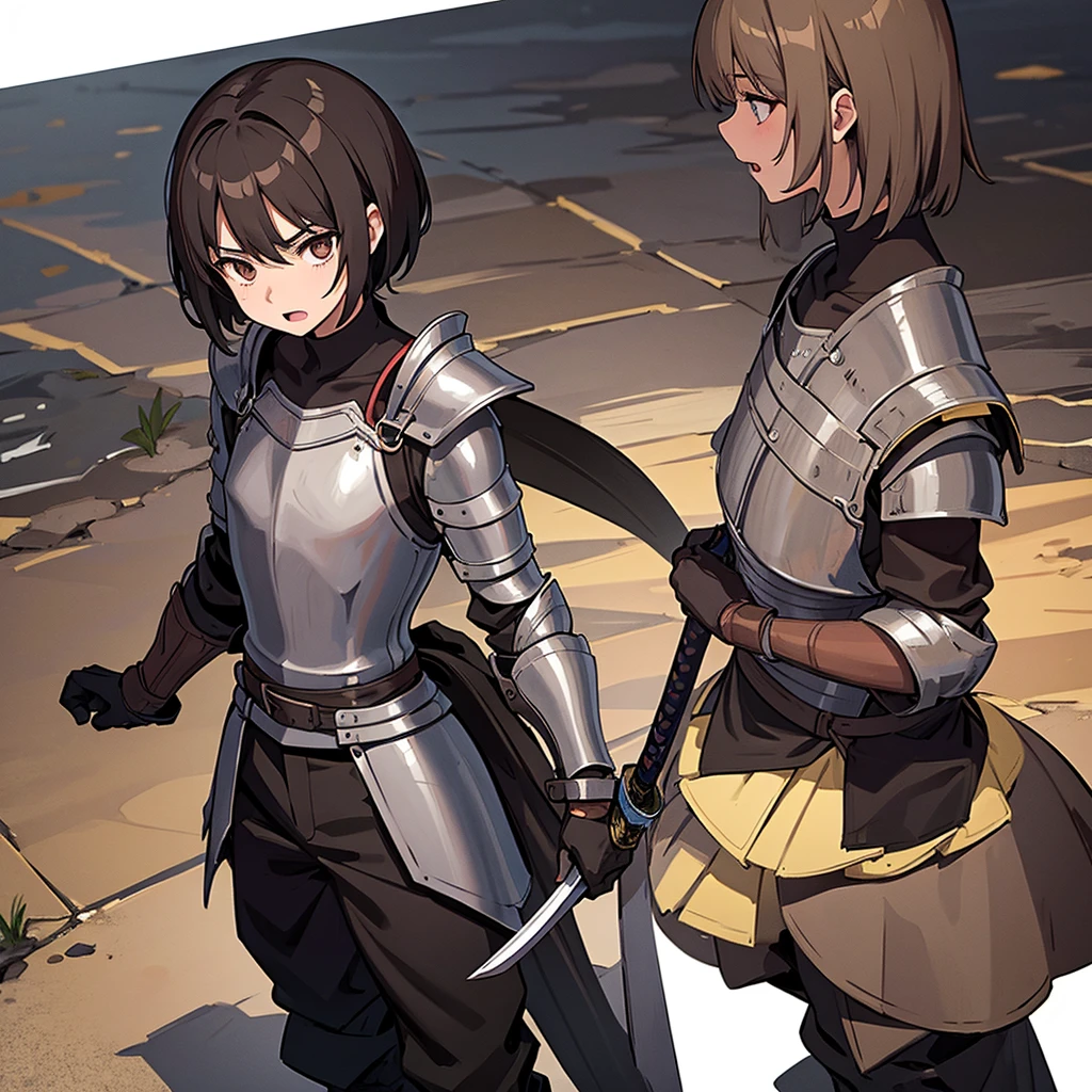 ((((盾をGet Ready))))、Best illustrations、Best Quality、(((Simple grey armor、Black trousers、Black gloves、Short Hair、Brown Hair、20 year old man、20 women)))、(((Grab the sword、Get Ready)))、(Old ruins、desert。Grass)、Fall to the floor、(Black, muddy swamp)、(仮面の中世の騎士が10 people)、(get annoyed、Open your mouth、Get angry)、(lots of medieval knights、10 people)、battlefield、(White background)