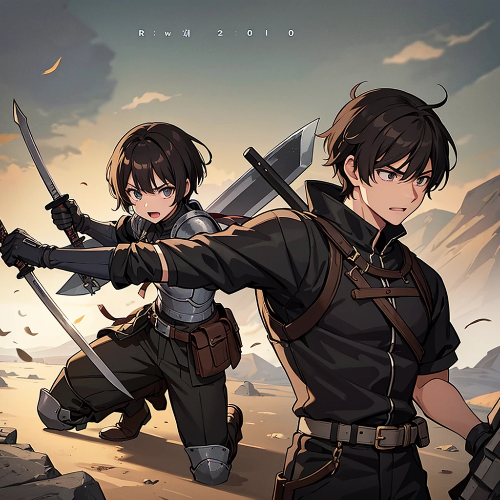 ((((盾をGet Ready))))、Best illustrations、Best Quality、(((Simple grey armor、Black trousers、Black gloves、Short Hair、Brown Hair、20 year old man、20 women)))、(((Grab the sword、Get Ready)))、(Old ruins、desert。Grass)、Fall to the floor、(Black, muddy swamp)、(仮面の中世の騎士が10 people)、(get annoyed、Open your mouth、Get angry)、(lots of medieval knights、10 people)、battlefield、(White background)